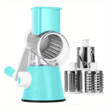 Rotary Cheese Grater and Vegetable Slicer - Kitchen Mandoline with 3 Interchangeable Blades, Easy-to-Clean for Fruits, Potatoes, Carrots, Nuts