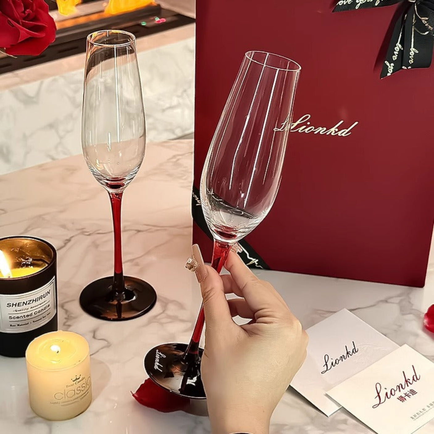 Champagne Crystal Glass Set in Red-Stem Elegant Gift Box