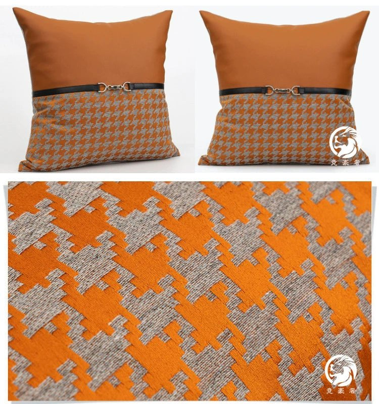 American Modern Light Luxury Retro Houndstooth Leather Patchwork Sofa Model Room Designer Pillow Cushion with Pillow Core - Julia M LifeStyles