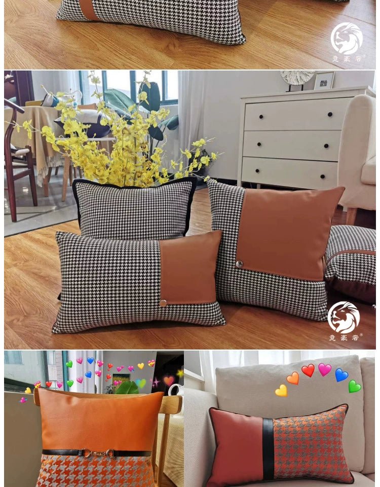 American Modern Light Luxury Retro Houndstooth Leather Patchwork Sofa Model Room Designer Pillow Cushion with Pillow Core - Julia M LifeStyles