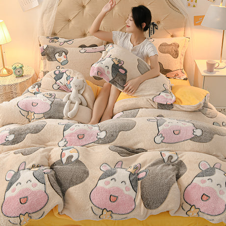 Coral Velvet Sheet Duvet Cover Double Sided Plus Velvet Thick Bedding Set