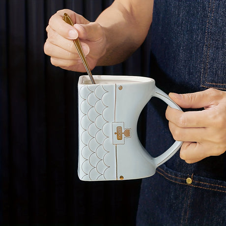 1pc, Unique Handbag-Shaped Ceramic Mug with Spoon - Reusable, Freezer Safe, BPA-Free, Graphic Pattern, Multipurpose Office Home Coffee Cup for Teenagers - Perfect for Christmas, Graduation, Halloween, Mothers Day, Thanksgivin