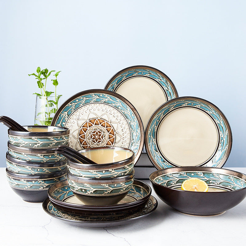 European Embossed Ceramic Tableware Set – Elegant Bowl & Plate Collection