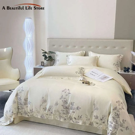 Butterfly Flowers Embroidery Luxury Bedding Set Butterfly Flowers Embroidery Luxury Bedding Set 3256804604972006-1-Flat Bed Sheet-Queen Size 4pcs duvet covers 163