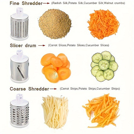 Rotary Cheese Grater and Vegetable Slicer - Kitchen Mandoline with 3 Interchangeable Blades, Easy-to-Clean for Fruits, Potatoes, Carrots, Nuts