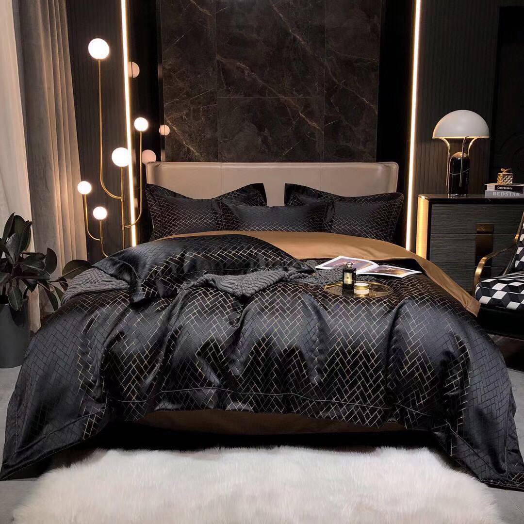 Luxury Retro Style Black Gold Jacquard Cotton Bed Set