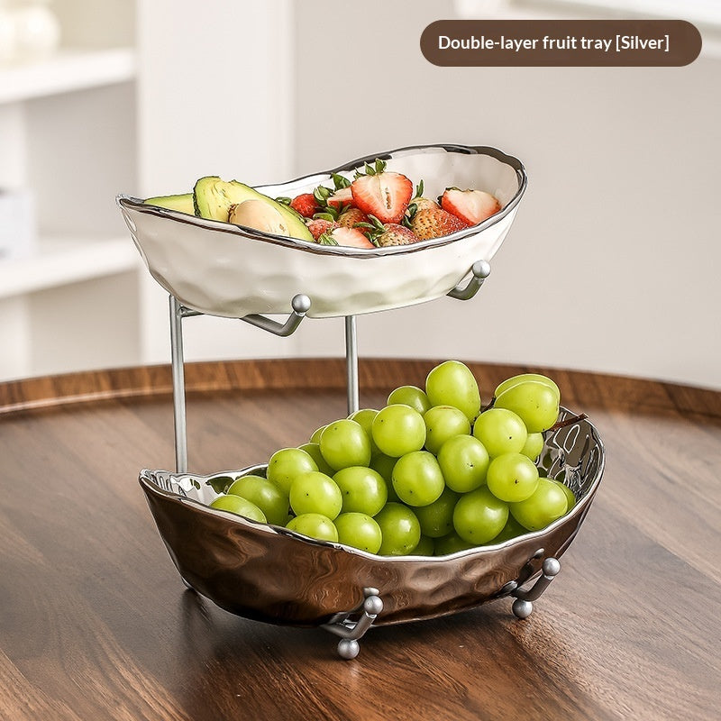 Multi-Layer Light Luxury Ceramic Fruit Tray with Electroplated Gold or Silver Frame