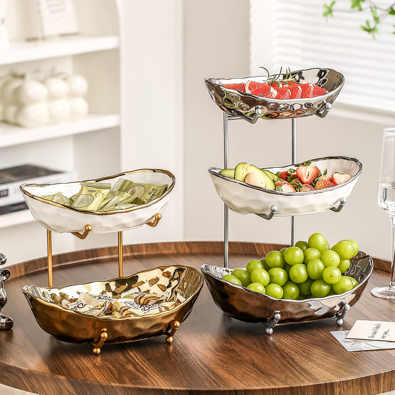Multi-Layer Light Luxury Ceramic Fruit Tray with Electroplated Gold or Silver Frame