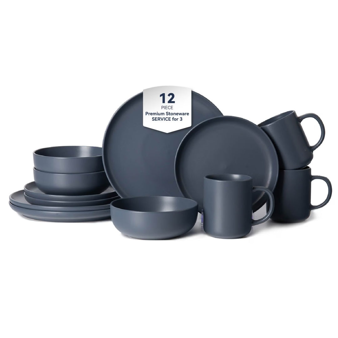 Premium 12-Piece Blue Stoneware Dinnerware Set with Mugs – Elegant Matte Glaze, Microwave & Dishwasher Safe