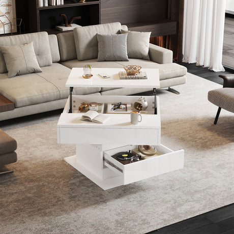 360 Rotating Coffee Table - Highgloss Lift-Top Centre Table with Drawers