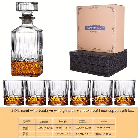 7pcs, Wine Glass Set, Glass Whiskey Decanter And Whiskey Glasses Set, Decanter With 6 Double Layered Vintage Glasses, Lead Free Whiskey Glassware, Accessories, Bar Supplies - Julia M LifeStyles