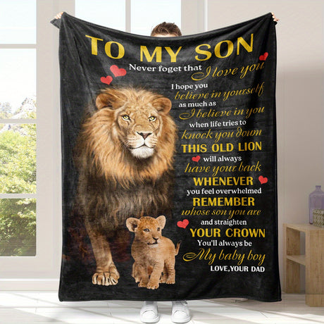 1pc Cozy Lion Printed Flannel Blanket - Soft, Warm, and Envelope-Style Throw Blanket for All Seasons, Perfect for Couch, Bed, Sofa, Office, Camping, Travel, and Home Decor, Ideal Holiday Gift for Son from Dad