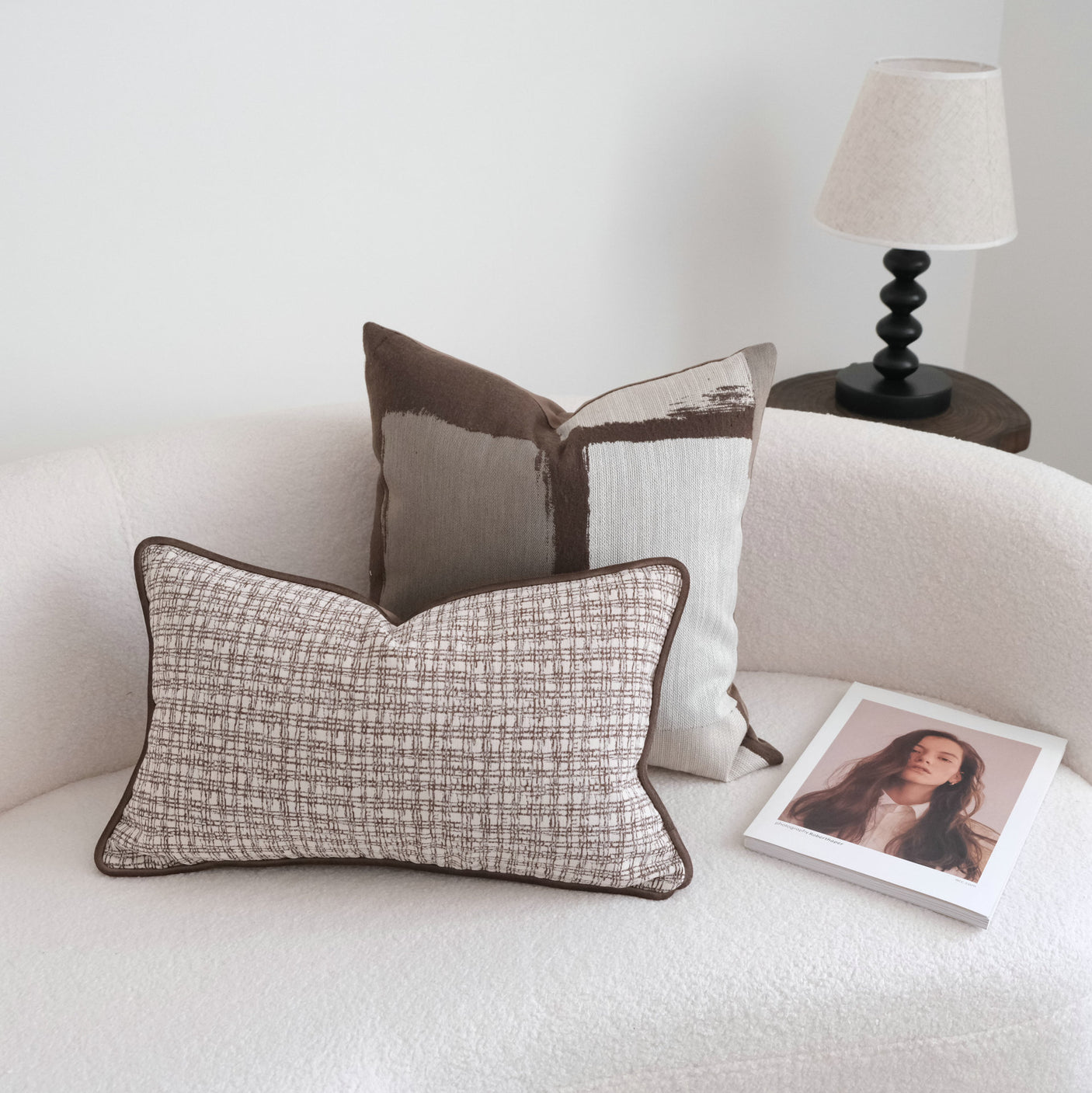 Light-luxury Brown-toned Piping Cushion Patchwork Lumbar Pillowcase