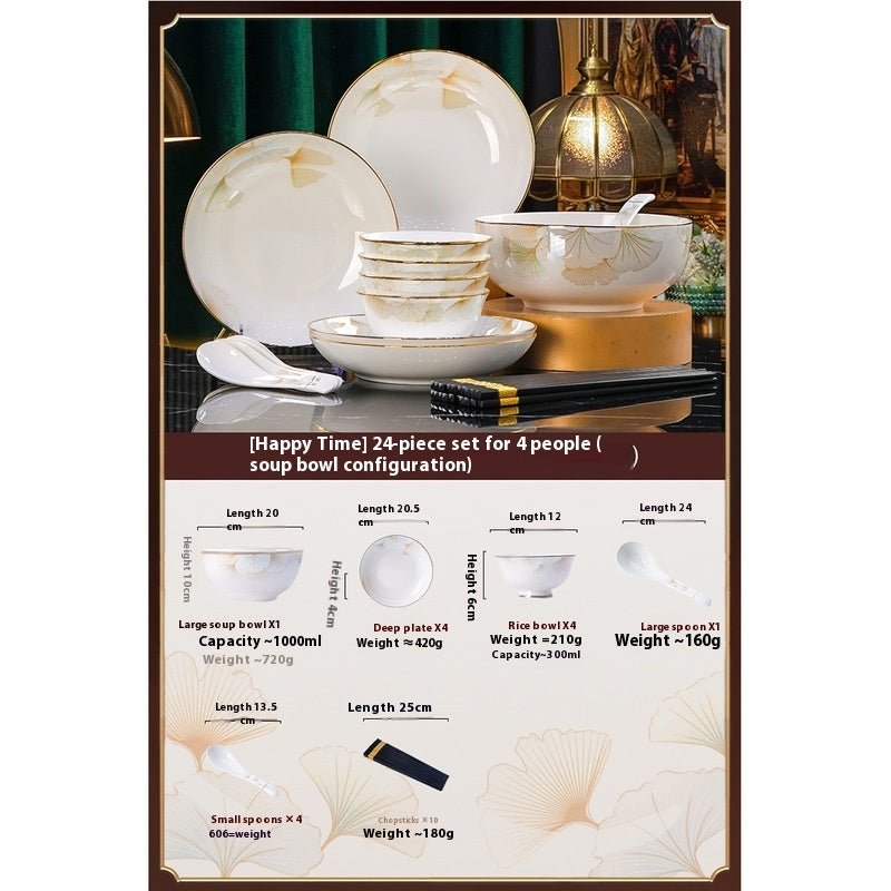 Dinnerware set with measurement details on a white background