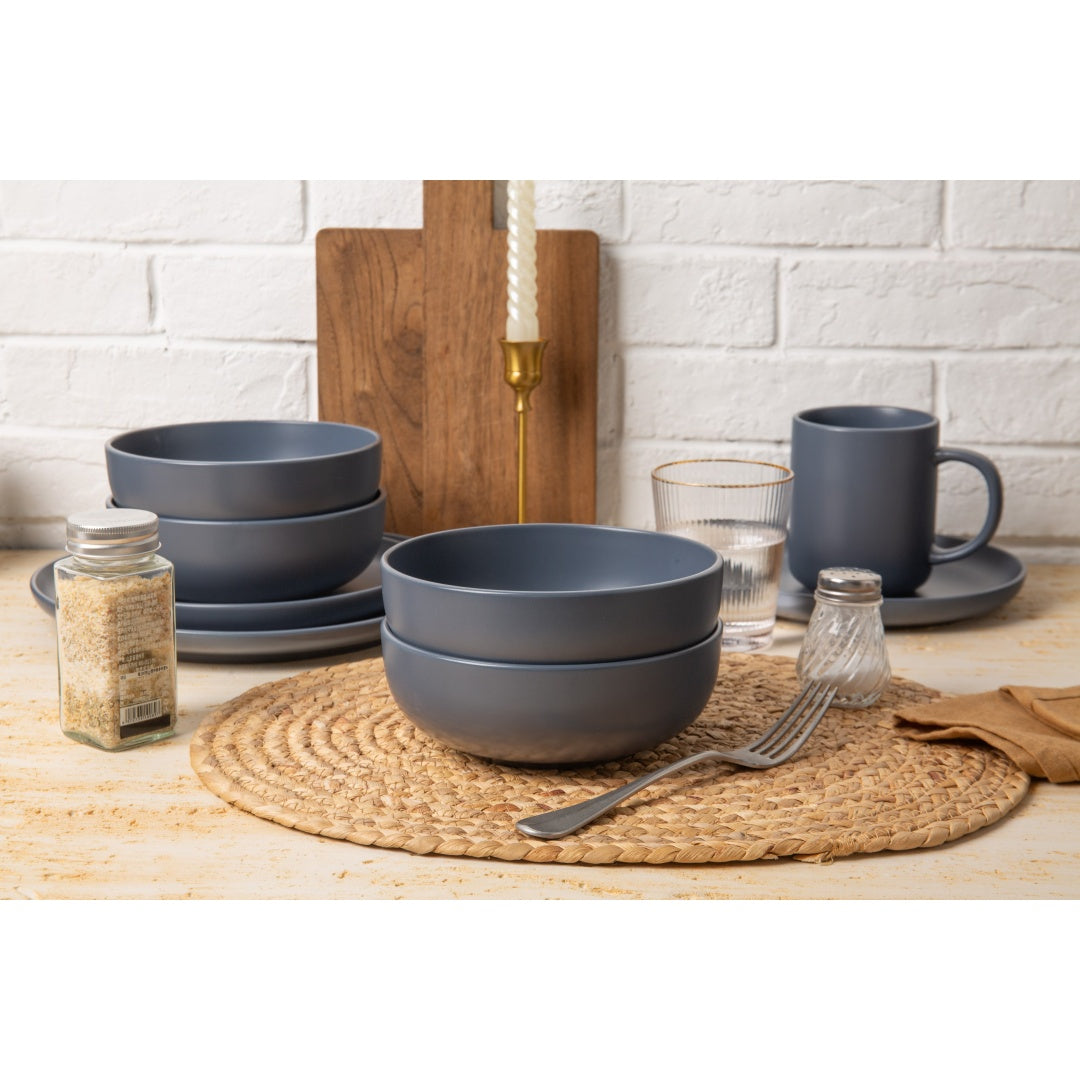 Premium 12-Piece Blue Stoneware Dinnerware Set with Mugs – Elegant Matte Glaze, Microwave & Dishwasher Safe