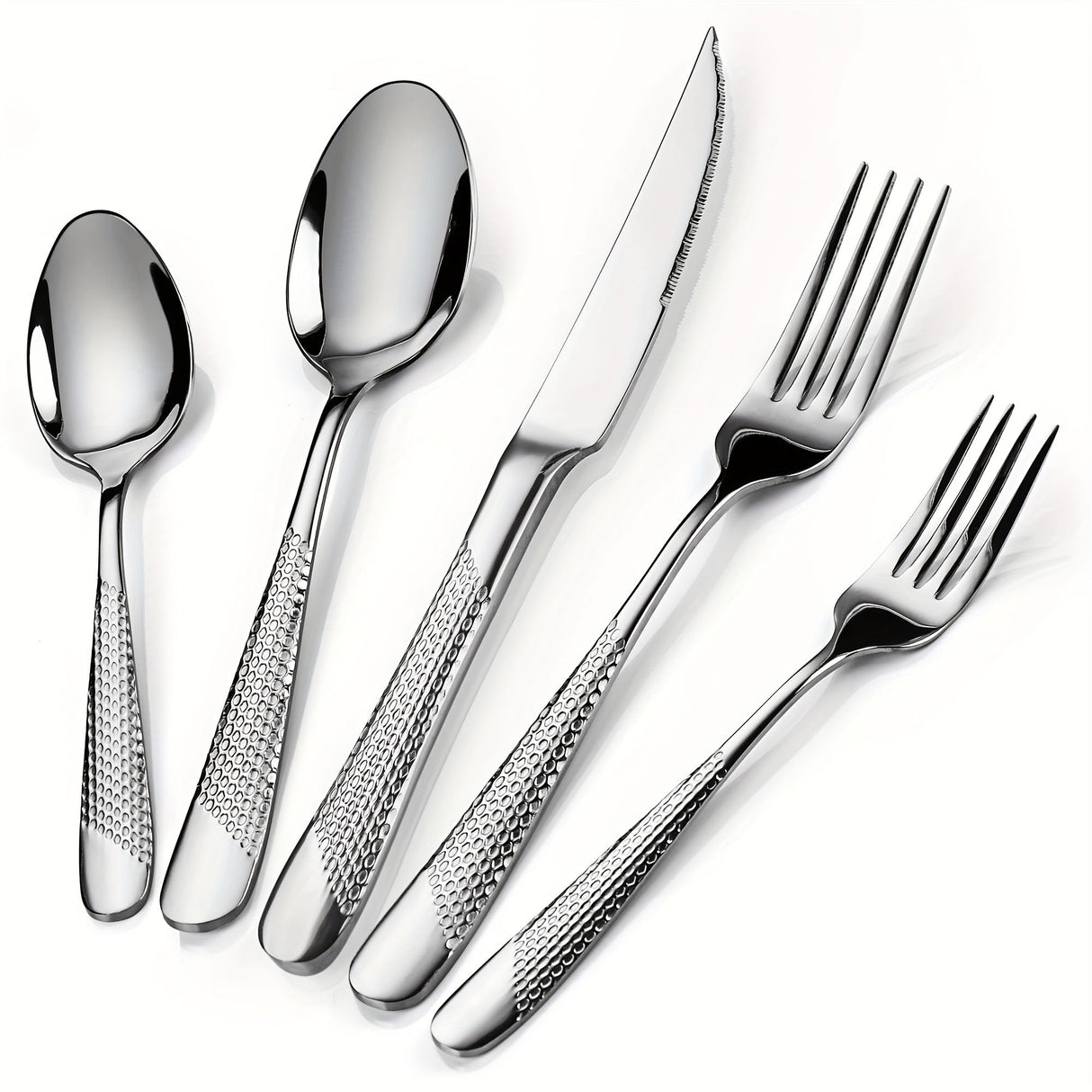[Steel Flatware] 40pcs Stainless Steel Flatware Utensil Set | Ultra Sharp 2-IN-1 Serrated Knife, Modern Hammered Silverware Set For 8, Mirror Polished, Dishwasher Safe Julia M LifeStyles
