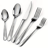 [Steel Flatware] 40pcs Stainless Steel Flatware Utensil Set | Ultra Sharp 2-IN-1 Serrated Knife, Modern Hammered Silverware Set For 8, Mirror Polished, Dishwasher Safe Julia M LifeStyles