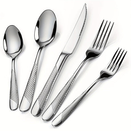[Steel Flatware] 40pcs Stainless Steel Flatware Utensil Set | Ultra Sharp 2-IN-1 Serrated Knife, Modern Hammered Silverware Set For 8, Mirror Polished, Dishwasher Safe Julia M LifeStyles