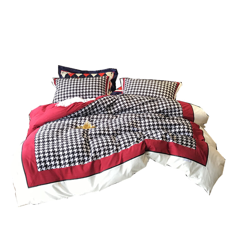 American Retro Cotton Velvet Houndstooth Bedding Set in Retro Red