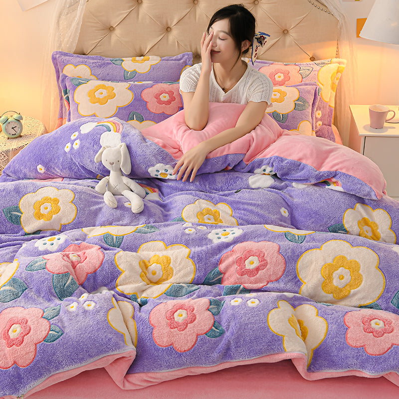 Coral Velvet Sheet Duvet Cover Double Sided Plus Velvet Thick Bedding Set