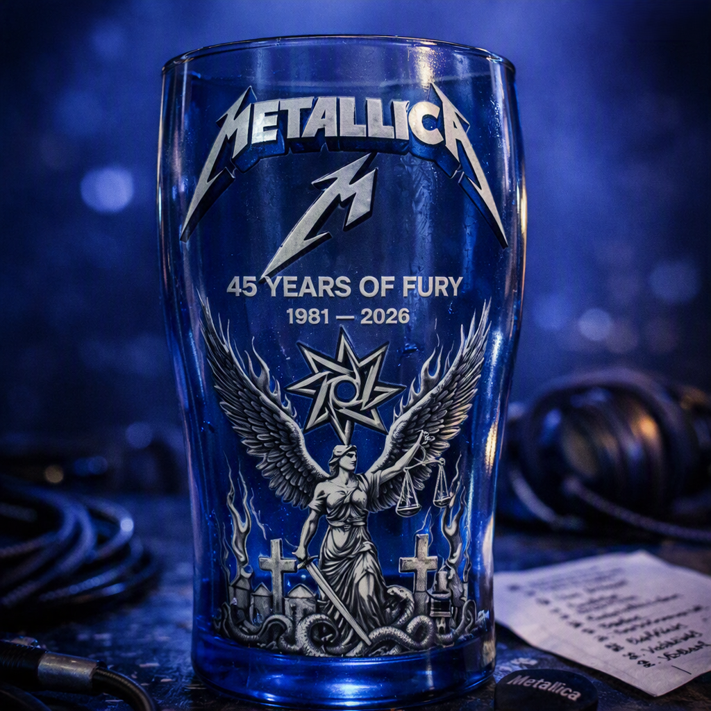 Metallica 45 Years of Fury Commemorative Glass, Vintage Heavy Metal Band Beer Mug, 3D Relief Blue Drinking Glass Rock Music