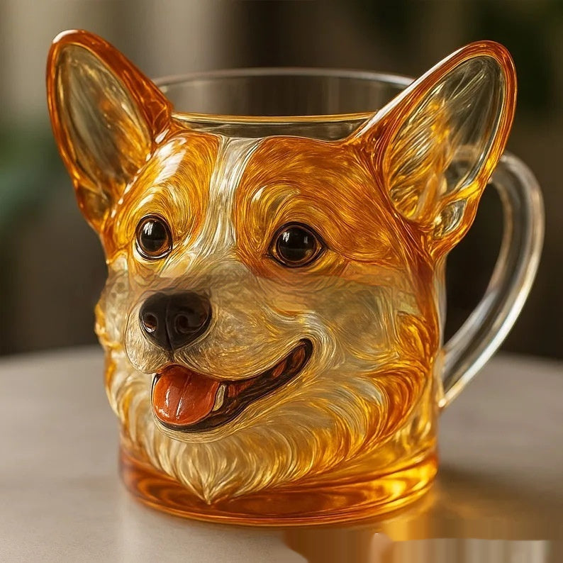Elegant 3D Sculpted Dog Face Glazed Glass Cup