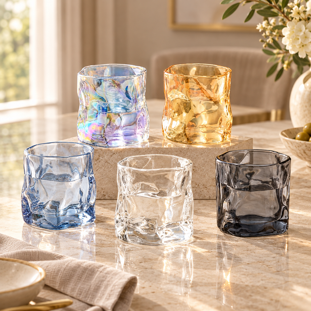 Five textured glass tumblers with a wavy, hammered finish are arranged on a marble table in a bright, sunlit dining setting. The glasses come in translucent blue, amber-gold, iridescent multicolor, clear, and dark smoky gray-blue colors.
