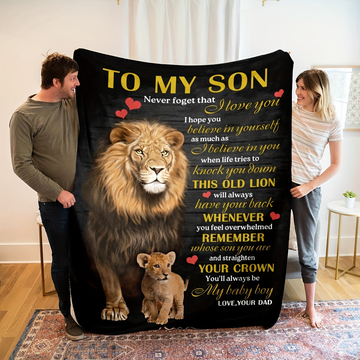 1pc Cozy Lion Printed Flannel Blanket - Soft, Warm, and Envelope-Style Throw Blanket for All Seasons, Perfect for Couch, Bed, Sofa, Office, Camping, Travel, and Home Decor, Ideal Holiday Gift for Son from Dad