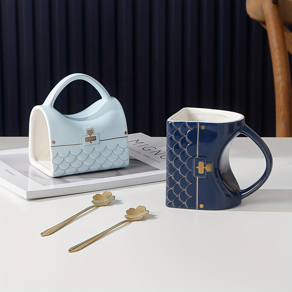 1pc, Unique Handbag-Shaped Ceramic Mug with Spoon - Reusable, Freezer Safe, BPA-Free, Graphic Pattern, Multipurpose Office Home Coffee Cup for Teenagers - Perfect for Christmas, Graduation, Halloween, Mothers Day, Thanksgivin