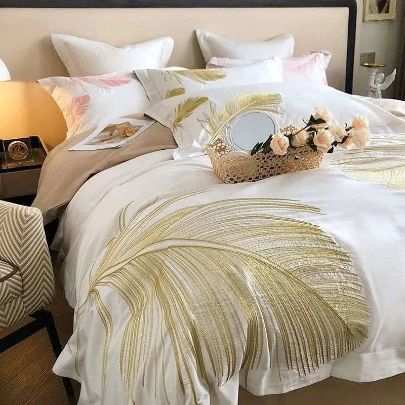 White 1000TC Egyptian Cotton Gold Feather Embroidery Luxury Bedding Set Quilt/Duvet Cover Set Bed Linen Pillow Shams Bedclothes - Julia M LifeStyles