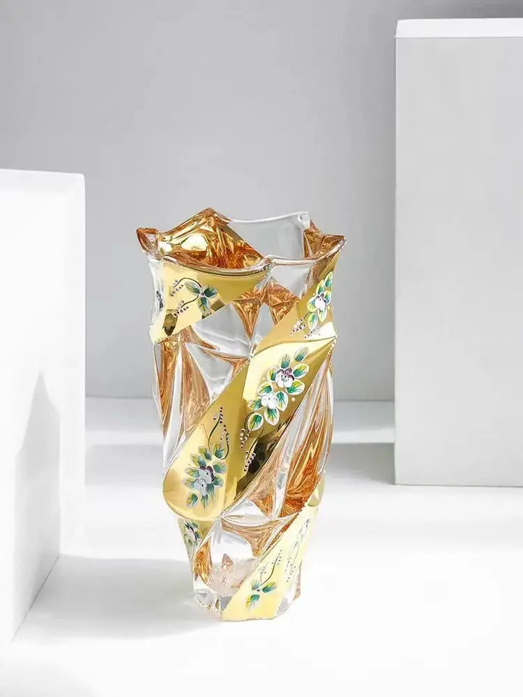 Elegant European Crystal Glass Vase with Gold Painted Enamel - Julia M LifeStyles