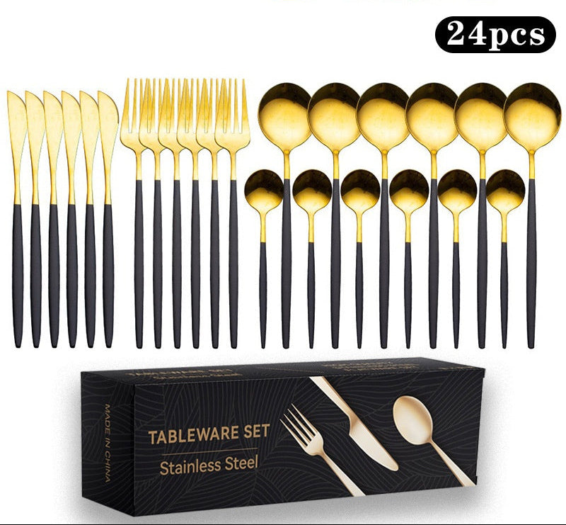 Cutlery Set Stainless Steel Knife Fork Set 24-Piece Tableware Set Golden Steak Knife Fork Spoon 6-Person Set eprolo