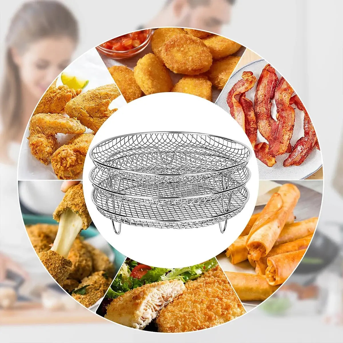 Stainless Steel Air Fryer Accessory Set with Three Stackable Racks and 10-Inch Liners - Julia M LifeStyles