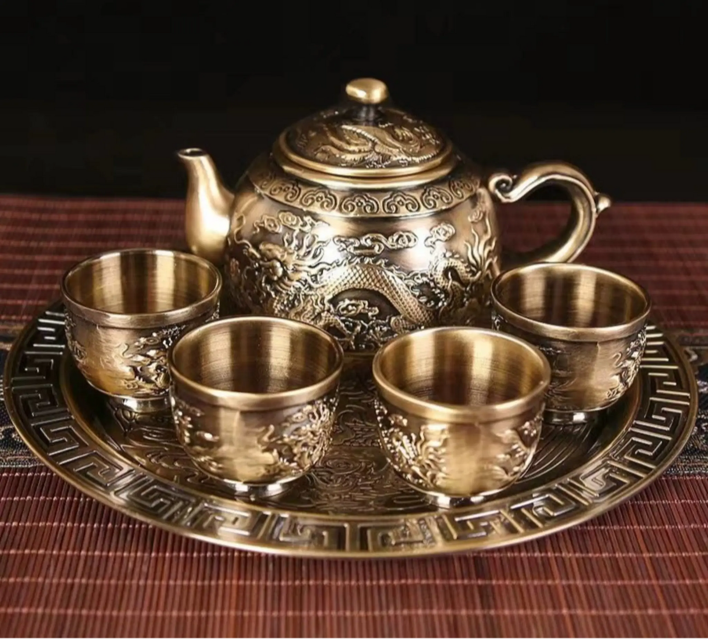 Dragon Phoenix 999 Pure Silver Tea Set - Teapot and 4 Cups in Elegant Leather Box - Julia M LifeStyles