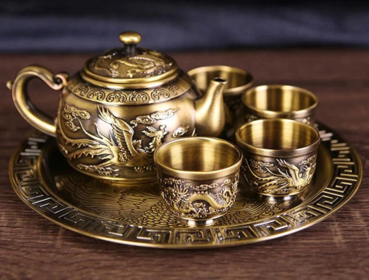 Dragon Phoenix 999 Pure Silver Tea Set - Teapot and 4 Cups in Elegant Leather Box - Julia M LifeStyles