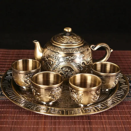 Dragon Phoenix 999 Pure Silver Tea Set - Teapot and 4 Cups in Elegant Leather Box - Julia M LifeStyles