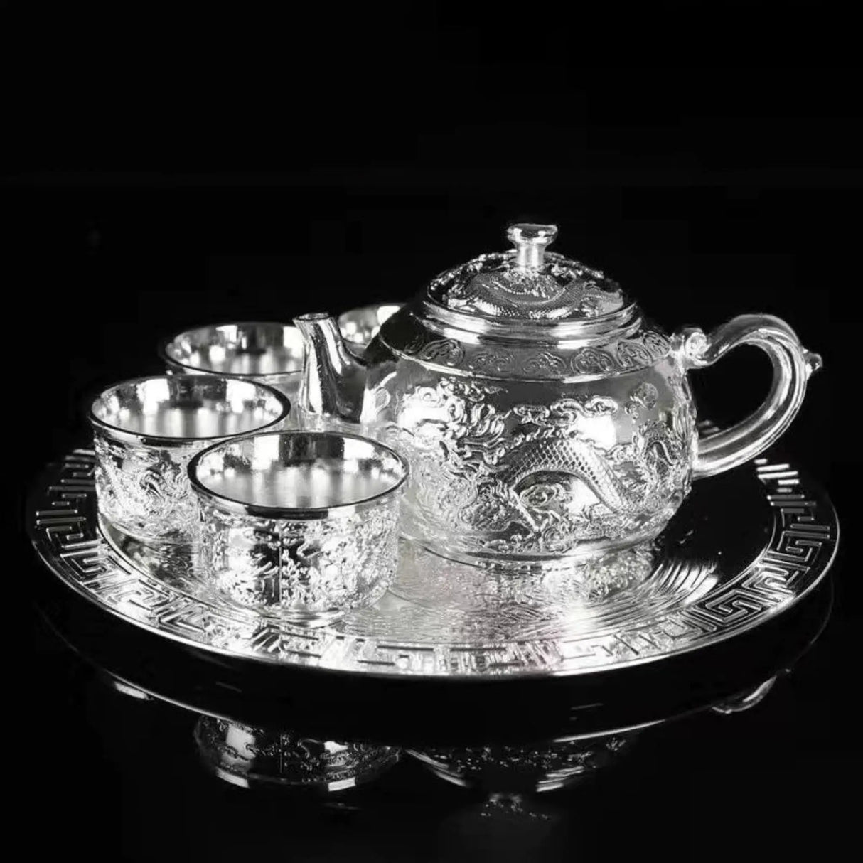 Dragon Phoenix 999 Pure Silver Tea Set - Teapot and 4 Cups in Elegant Leather Box - Julia M LifeStyles