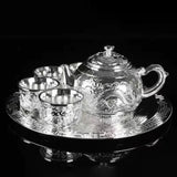 Dragon Phoenix 999 Pure Silver Tea Set - Teapot and 4 Cups in Elegant Leather Box - Julia M LifeStyles