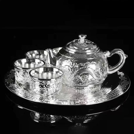 Dragon Phoenix 999 Pure Silver Tea Set - Teapot and 4 Cups in Elegant Leather Box - Julia M LifeStyles