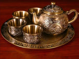 Dragon Phoenix 999 Pure Silver Tea Set - Teapot and 4 Cups in Elegant Leather Box - Julia M LifeStyles