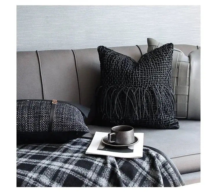 Modern Light Luxury Black and Gray Abstract Tassel Patchwork Minimalist Sofa Living Room Home Pillow Bedside Cushion Pillowcase - Julia M LifeStyles