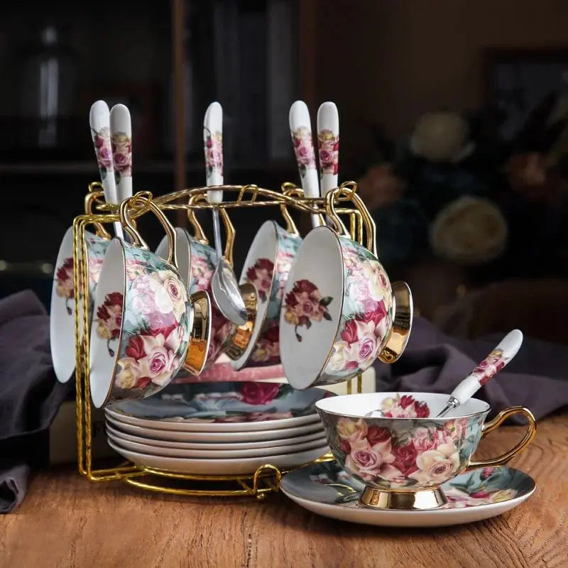 Retro Rose Euro Bone China Tea Cup & Saucer Set with Heart Plate - Julia M LifeStyles