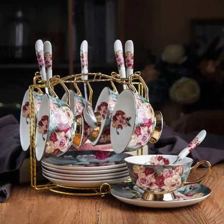 Retro Rose Euro Bone China Tea Cup & Saucer Set with Heart Plate - Julia M LifeStyles