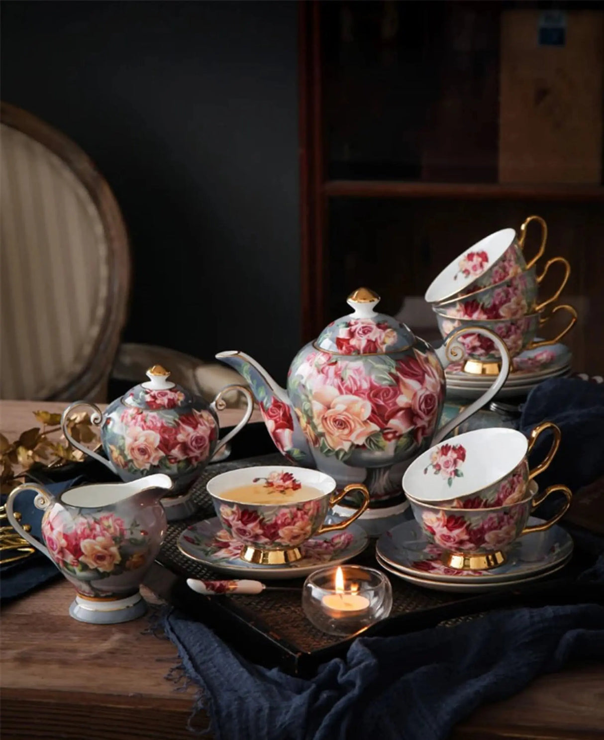 Retro Rose Euro Bone China Tea Cup & Saucer Set with Heart Plate - Julia M LifeStyles