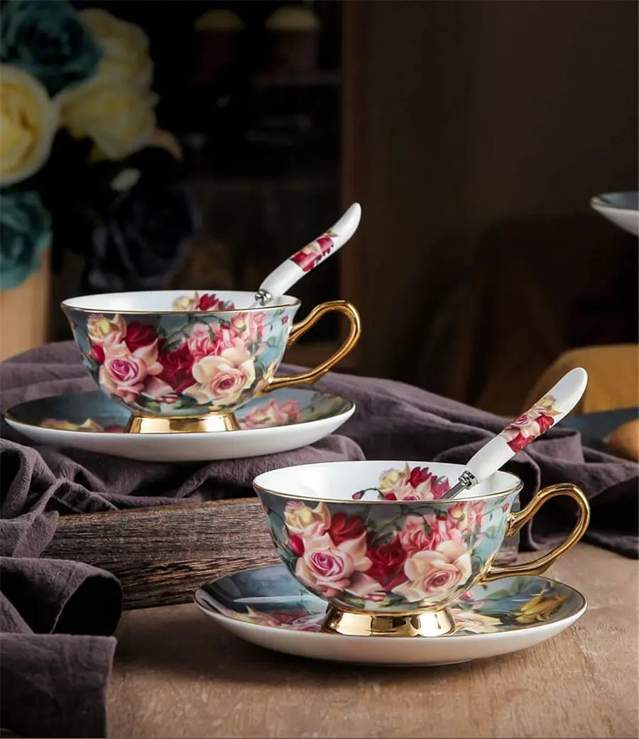 Retro Rose Euro Bone China Tea Cup & Saucer Set with Heart Plate - Julia M LifeStyles