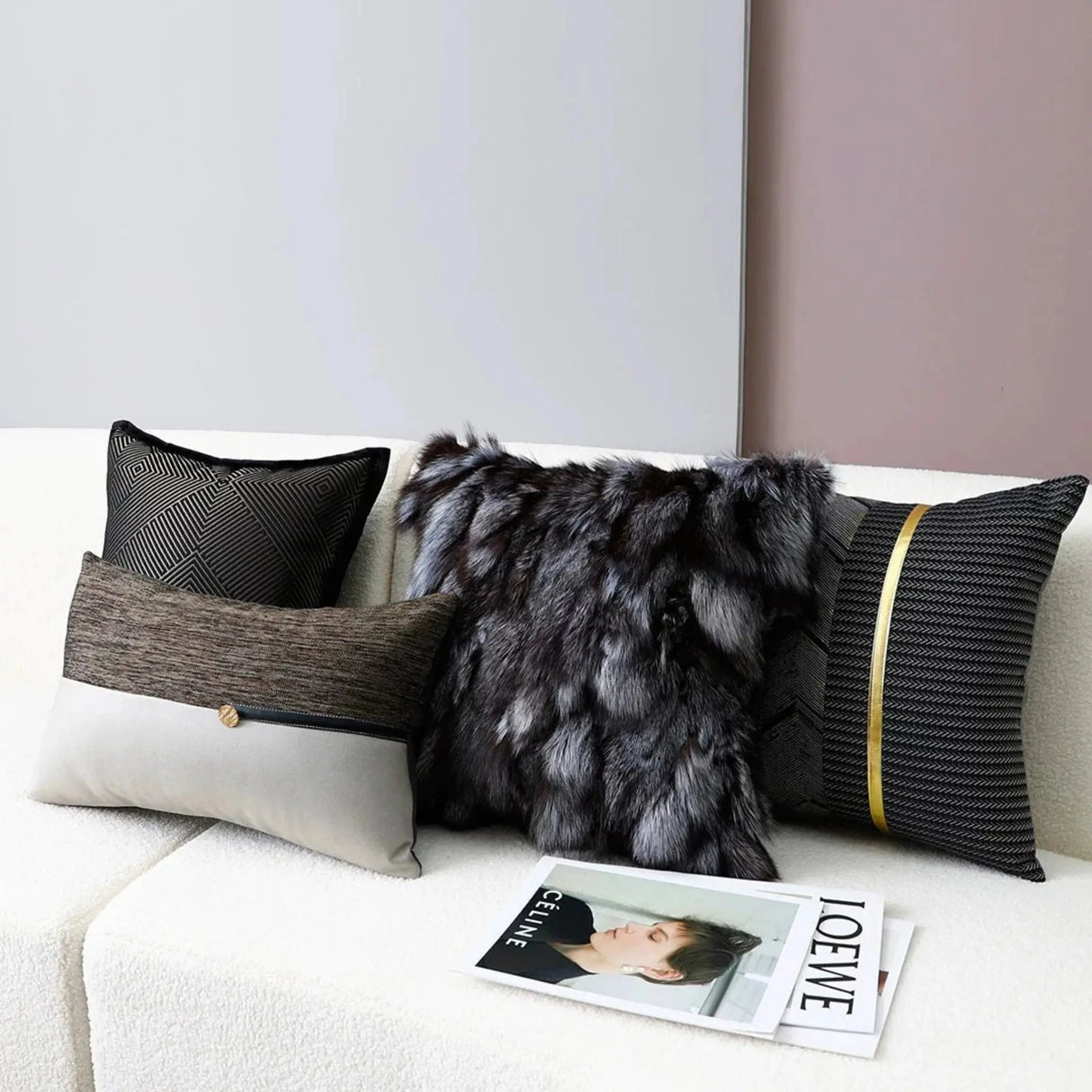 Accessible Luxury Wind Black Geometric Fox Fur Pillow Cover - Julia M LifeStyles