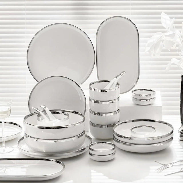 Elegant Silver-Edged Ceramic Dinner Set - Julia M LifeStyles