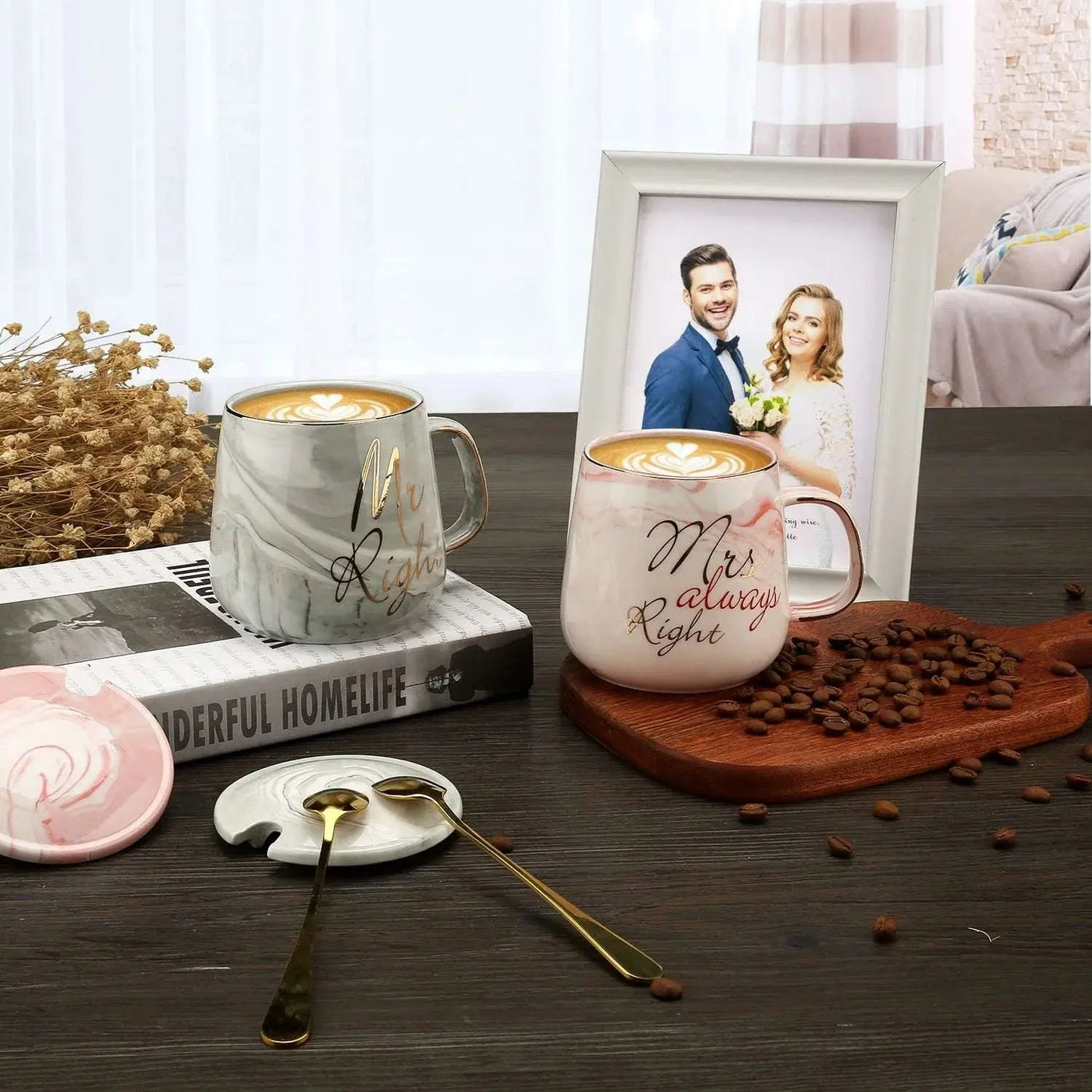 Mr Right Mrs Always Right Couple Coffee Mugs - Bridal Shower Wedding Anniversary Valentine's Day Gift - Ceramic Marble Cups Set - Julia M LifeStyles