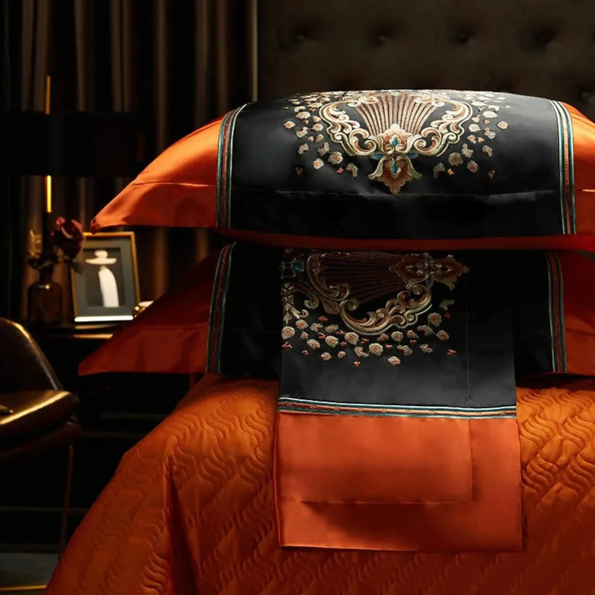 Luxury Black Red Silk Satin & Egyptian Cotton 8Pcs Bedding Set with Embroidery - Julia M LifeStyles