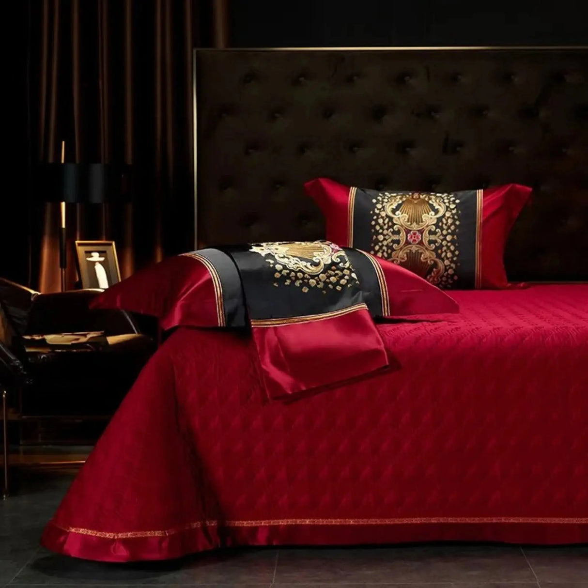 Luxury Black Red Silk Satin & Egyptian Cotton 8Pcs Bedding Set with Embroidery - Julia M LifeStyles